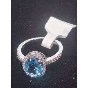 925 Sterling Silver Blue 2.60ct Topaz Halo Ring Oval Light Blue Size 6.5 NIB